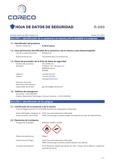 Ficha R-290 Gas
