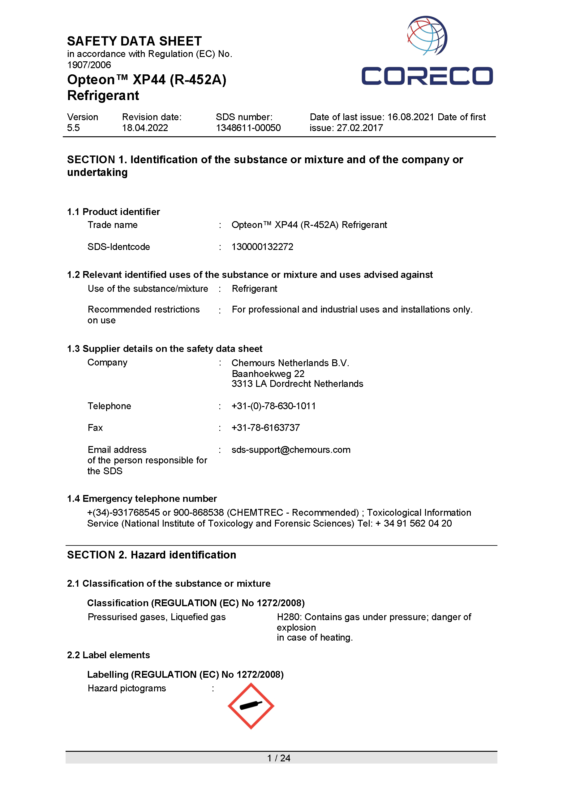 MSDS Opteon Xp44 R452a