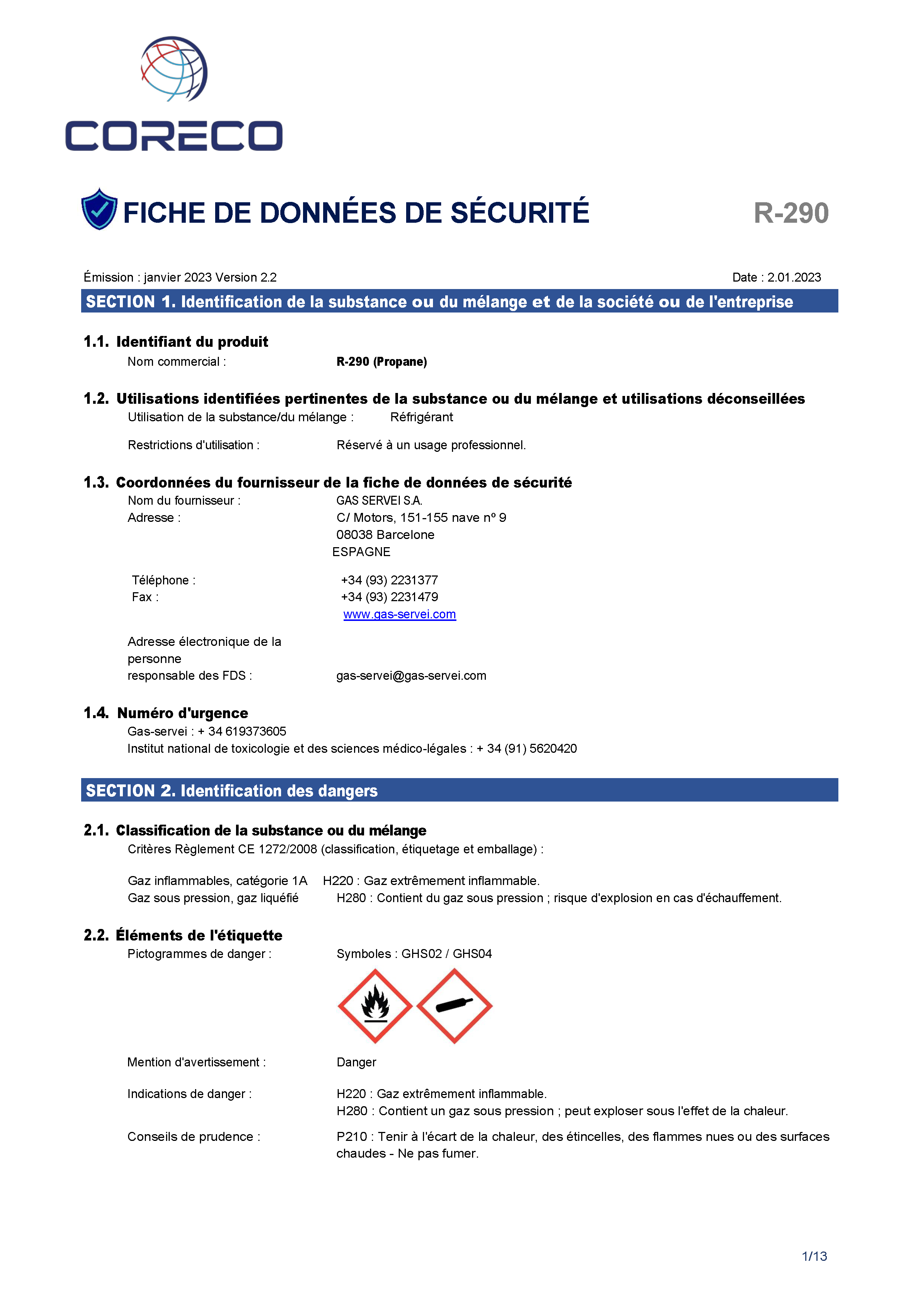Fiche de sécurité R 290