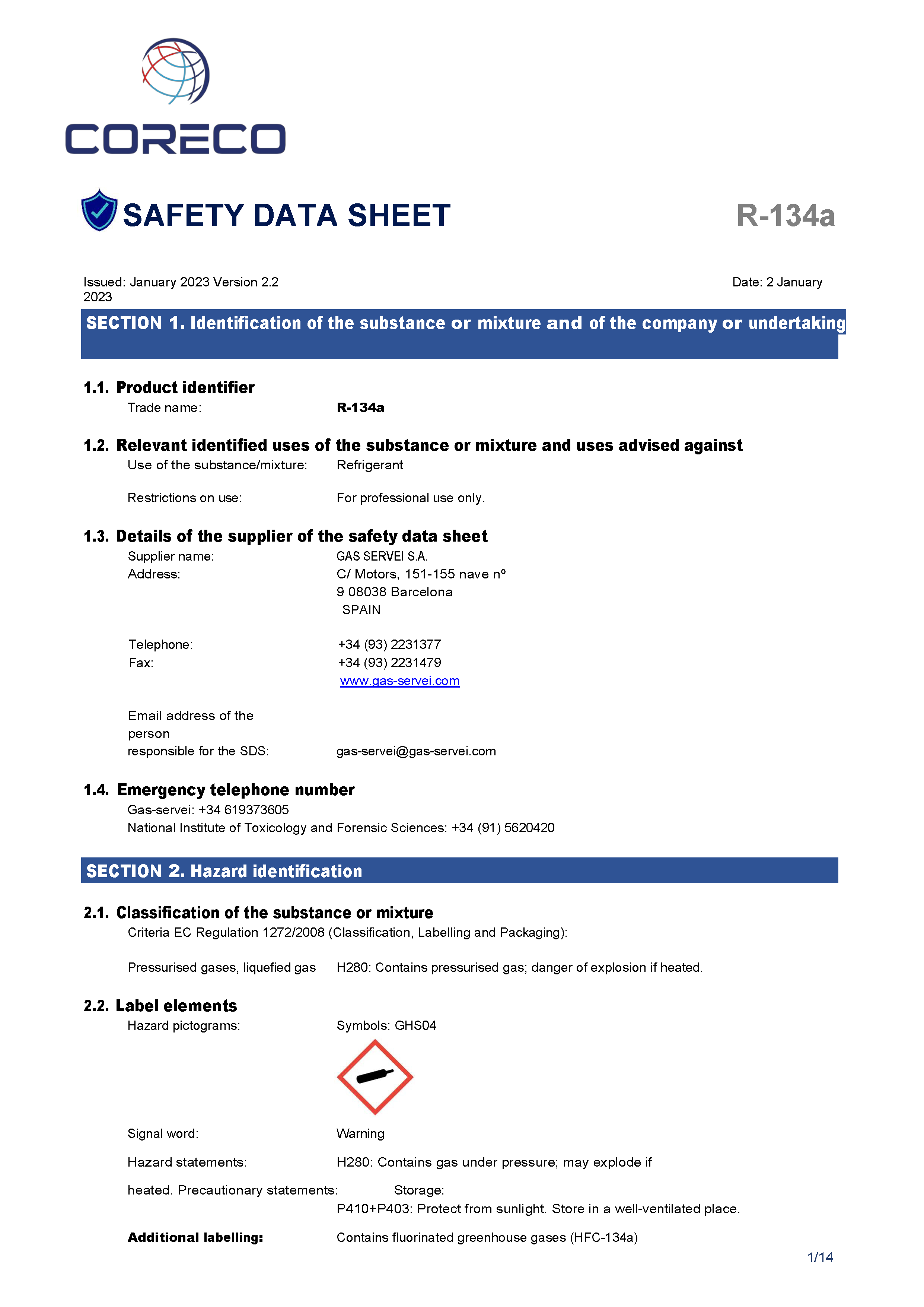 Safety Data Sheet R 134A