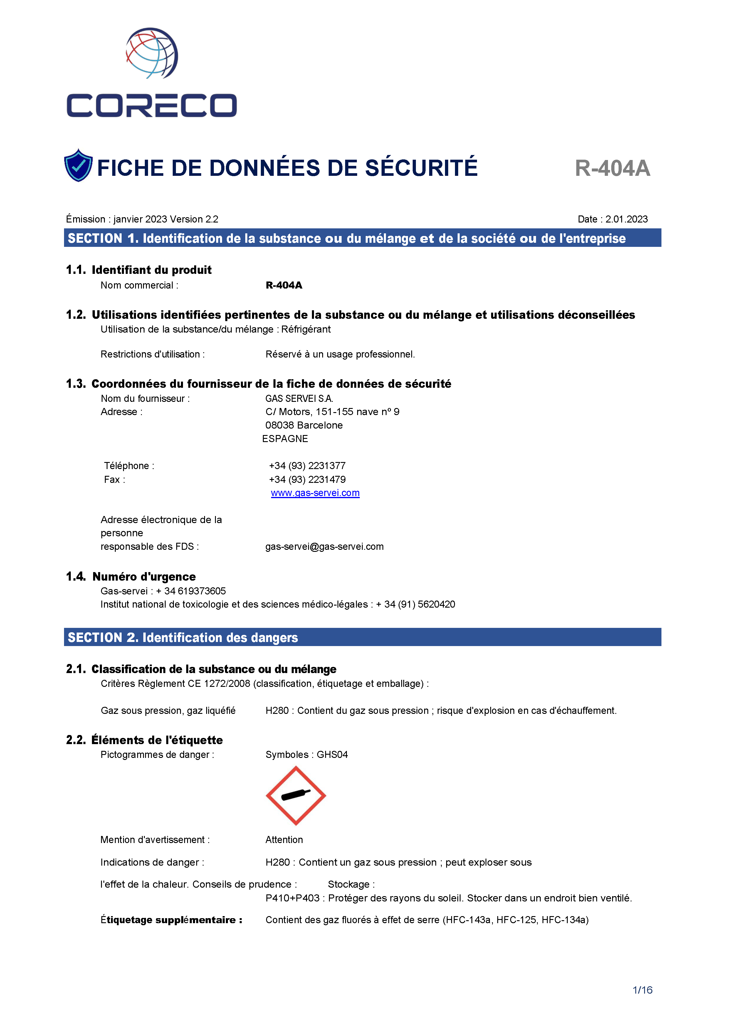 Fiche de sécurité R 404A