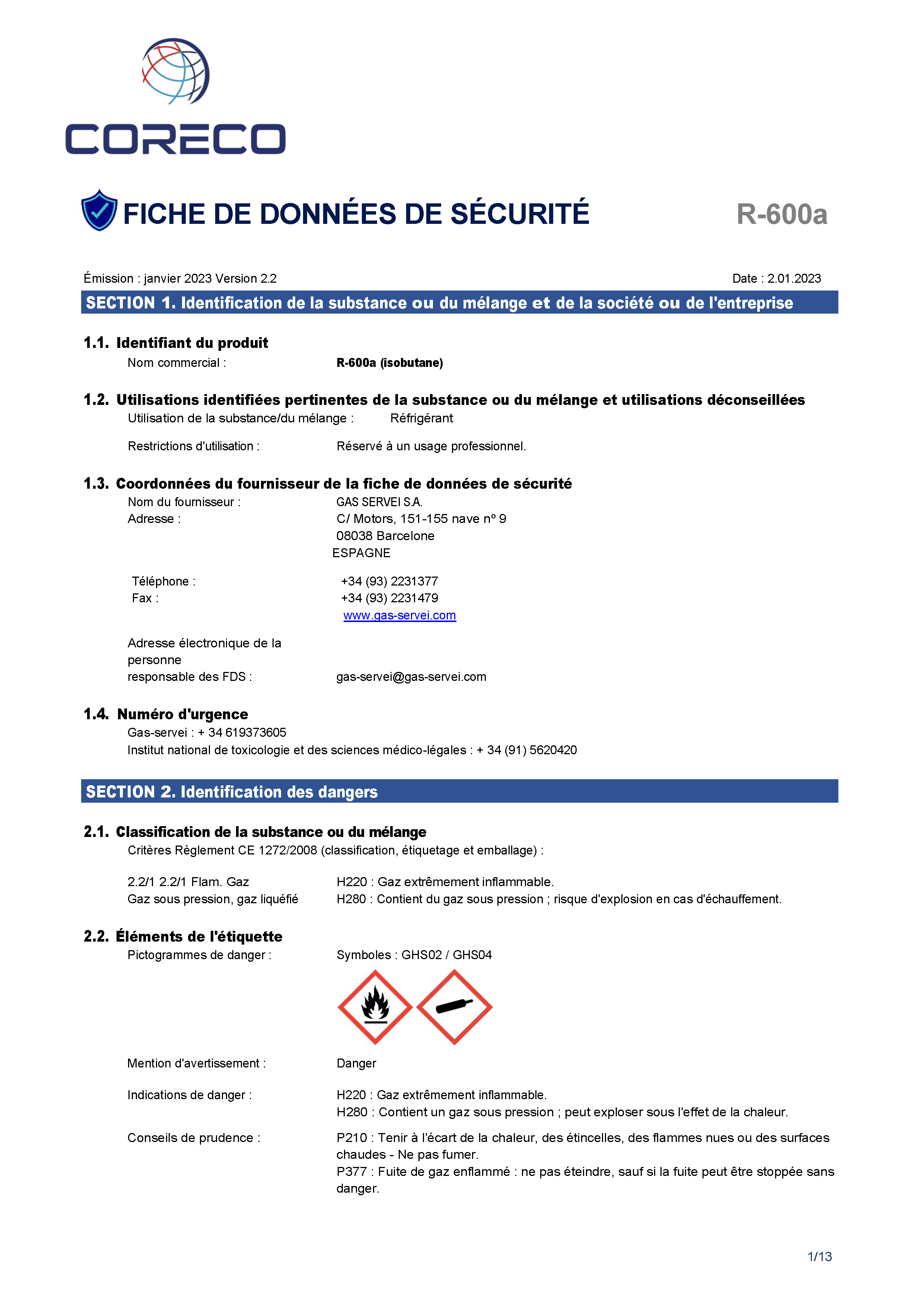 Fiche de sécurité R 600A